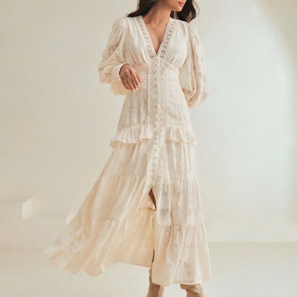 Apricot Elegant Women's V-Neck Puff Sleeve Cinched Waist Dress Maxi Outfit - Picture 6 of 8